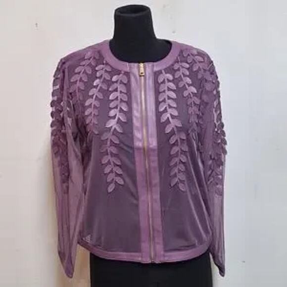 NEW! Colleen Lopez Mesh Leaf / Floral Faux Leather Jacket Grape Purple Small NWT - Picture 8 of 9
